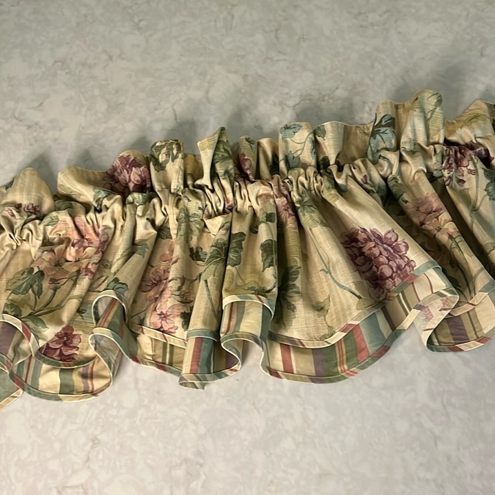 Waverly valances (2) muted florals contrasting stripe.  75” long & 16.5” long - Picture 2 of 5